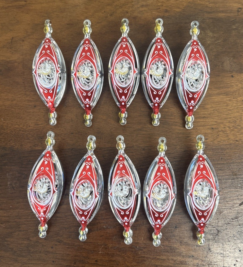 Lot 10 Vintage Jewel Brite Teardrop Bird Diorama Ornaments Silver & Red 4”